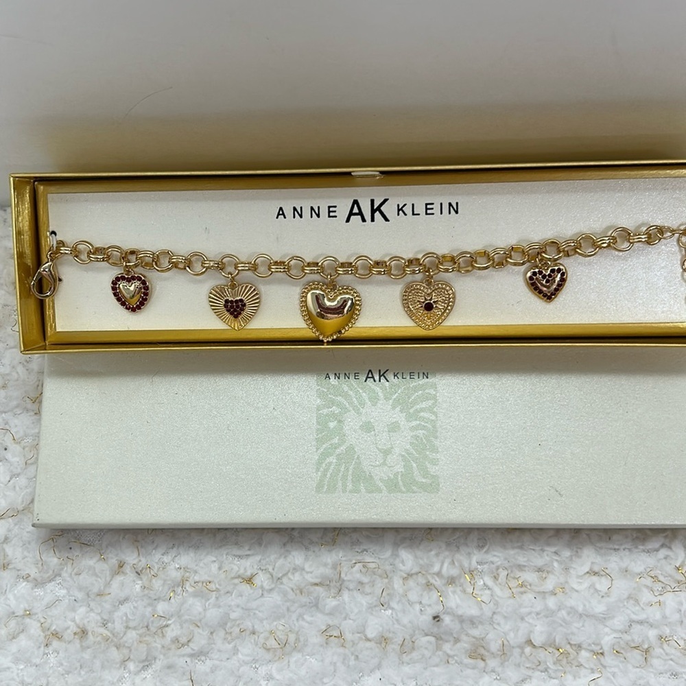 Anne Klein Gold Tone Heart Charm Bracelet Red Crystal Accents NIB